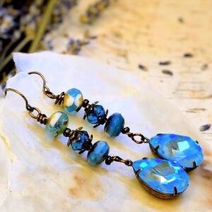 Victorian Ocean Blue Swarovski Crystal & Glass In Long Earrings In Brass